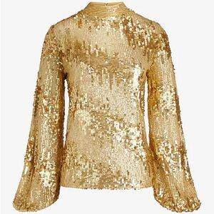 EXPRESS Women’s Fun Party Hollywood Sparkly Gold Sequin Long-Sleeve Top NWT M